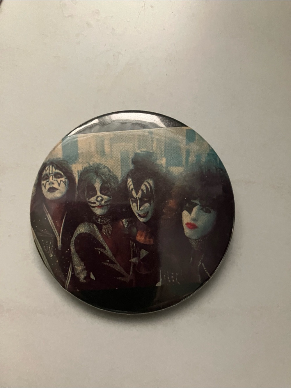 Vintage 1976 KISS Pinback Button Featuring Ironic Band in Full Makeup
